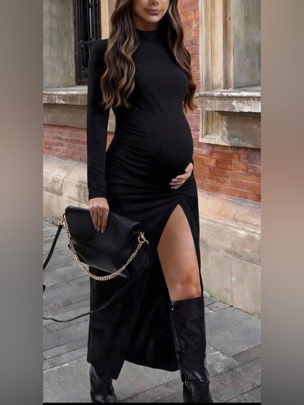 Maternity Black Long-Sleeve Slim Maxi Dress with Thigh Slit